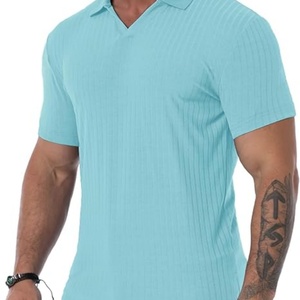 T-shirt de sport pour homme à col en V, manches courtes, fermeture éclair, côtelé, coupe classique, extensible, tricoté, respirant, imprimé - Product Image 1