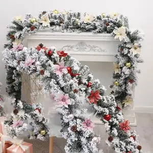 Neujahr 2023 Weihnachts girlande Kranz Dekoration Weiße Beflockung 2,7 m Rattan Für Hotel Treppen geländer oder Wohn schränke Ornament Set