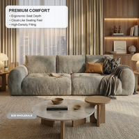 Modernes Französisches Vintage Cremefarbenes Chenille-Stoff Wolkensofa, Üppig Gepolstert mit Tiefsitz für Kleine Räume, 3-Sitzer Couch