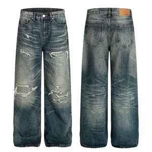 Z029 Jeans de Pierna Ancha de Mezclilla de Cintura Media con Diseño Desgastado Azul Lavado de Alta Gama Estilo Retro Americano para Hombre <span class=keywords><strong>y</strong></span> Mujer - Product Image 4