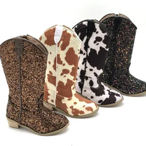 Fast shipping RTS glitter cow girl boots western cow print knight boots kids girls sparkle shoes