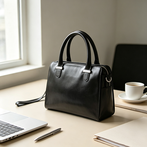 Elegant Black Smooth Leather Top Handle Purse, Multi Layer Storage <b>Silver</b> Hardware Casual <b>Handbag</b> - Product Image 4