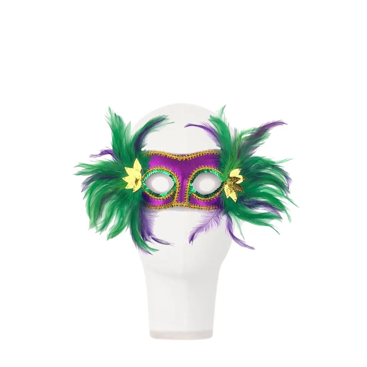 Mascarilla de plumas de Mardi Gras, suministros de fiesta dorados y verdes, máscaras de plumas moradas para fiesta de Carnaval