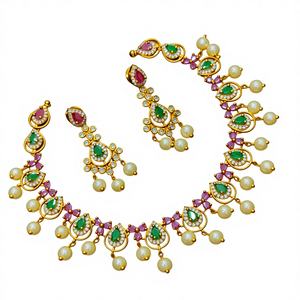 Conjunto de Joyería de Latón Chapado en Oro con Piedras y Perlas, para Novia, Fiesta, Aniversario, Estilo Étnico - Product Image 1