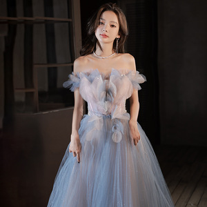 Robe de bal en tulle à épaules dénudées pour femme, robe de <span class=keywords><strong>soir</strong></span>ée formelle longue avec fleurs 3D scintillantes - Product Image 4