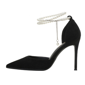 Sandalias de Mujer Estilo Coreano Verano 2025, Tacones de Aguja de Gamuza, Punta Cerrada con Adorno de Perlas y Correa en el Tobillo - Product Image 1