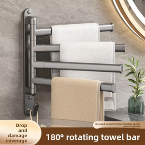 Porte-serviettes mural pliable à 2 barres en acier inoxydable brossé, moderne, pour salle de bain, avec crochets de séchage rotatifs - Product Image 4
