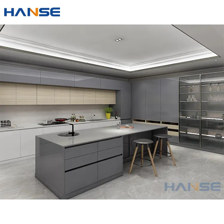 Customized high gloss light grey kitchen cabinets modern design gray glossy lacquer modular kitchen cabinet with counter top