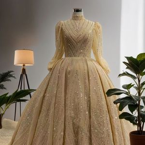 Robe de soirée dorée à perles, col montant, sequins, coupe trapèze, manches longues, robes de bal RSM67131 - Product Image 1