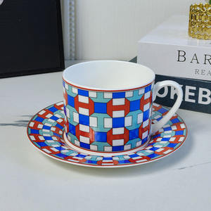 Hot Selling European Luxury Red and Blue Checkered Ceramic Coffee <b>Cup</b> <b>Saucer</b> Set - Product Image 2