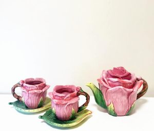 Set di Caffettiera e Teiera in Porcellana con <span class=keywords><strong>Rose</strong></span> 3D Dipinte a Mano, Fiori Rossi e Foglie Verdi, Set Durevole di 5 Pezzi - Product Image 1