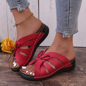 New Summer Open Toe Fish Mouth Hollow Sandals Cross-Border Plus Size Bow Flat Slope Heel Swing Line for Foreign Trade - Product Image 2