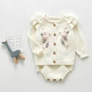 冬季儿童女童服装套装毛衣针织开衫外套婴儿服装刺绣开衫 + Romper 2PCS外套套装