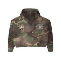 Sweat à capuche zippé court camouflage épais délavé style vintage avec logo imprimé, détails de patch et ourlet effiloché, style streetwear