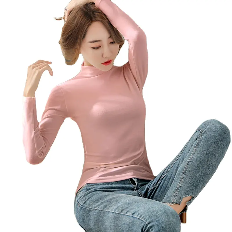 الخريف والشتاء نصف عالية الرقبة بلون قاع قميص المرأة النسخة الكورية بأكمام طويلة ضئيلة t-shirt أعلى