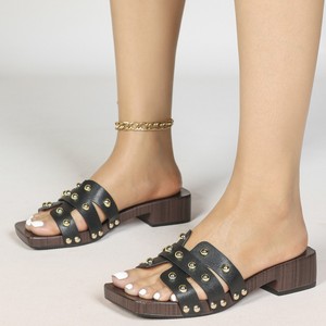 Sandales à talons pour femmes, talon épais, bout ouvert, doublure en PU, semelle en bois antidérapante, style chunky avec décorations en pierres - Product Image 4