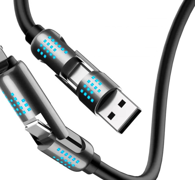 240W 4-in-1 USB-C Cable - PD 5A Fast Charging & Data Sync With USB A, TYPE C, Breathing Light, Aluminum Alloy Design