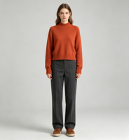 Pull court col rond femme 2026 orange-rouge 100 % acrylique doux, tricoté, respirant et anti-boulochage, coupe droite