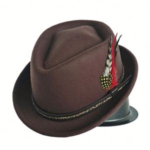Autumn Winter British Men Pork Pie <b>Hat</b> Retro Jazz Gentleman Fedora <b>Hats</b> with Feather Casual Scene - Product Image 5