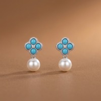 Boucles d'oreilles pendantes en argent sterling 925 avec perle d'eau douce naturelle de 10-11 mm, turquoise, trèfle à quatre feuilles, pour femmes
