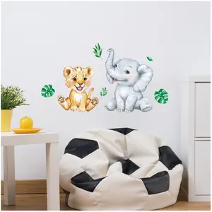 Elefante León hoja verde dibujos animados Animal pared calcomanía papel tapiz para dormitorio de niños habitación de bebé guardería pared pegatinas decorativas