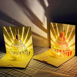 Fábrica 3D Pop Up tarjetas de cumpleaños musicales de lujo soplable luz LED vela pastel música tarjeta de felicitación