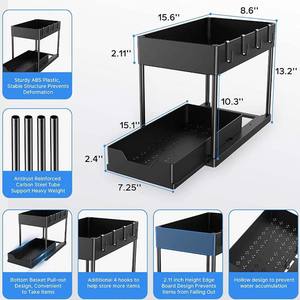 ตะกร้าเก็บของใต้ซิงค์ 2 ชั้น แบบเลื่อนได้ พร้อมตะขอแขวน ถ้วย แก้ว สำหรับห้องน้ำ ห้องครัว - Product Image 4