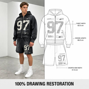 Ensemble survêtement vintage délavé dégradé pour homme, avec sweat à capuche zippé et short, motif numéro 97 vieilli, coupe oversize, style streetwear - Product Image 2