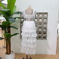 Robe de soirée longue pour femme, col carré, dentelle, volants, style gâteau, pour banquets et fêtes