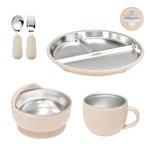 Ensemble d'alimentation pour bébé personnalisé avec logo, en acier inoxydable et silicone, écologique, sans BPA, réutilisable, bol à ventouse en forme d'escargot, 5 pièces - Product Image 1