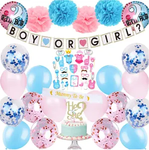 gender reveal party backdrop Boy or Girl banner cake toppers Pom Poms and confetti balloons garland photo props Sash decor set