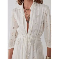 Nouveau coton européen et américain brodé col en V dentelle couleur Pure ouvert devant Midi évider élégant Vintage robe blanche