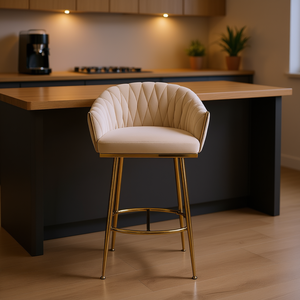 เก้าอี้บาร์ทันสมัยหุ้มกำมะหยี่ ฐานโครเมียมสีทอง พนักพิงโค้งสีเบจ เหมาะสำหรับเคาน์เตอร์ครัวหรือไอส์แลนด์ - Product Image 2