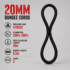 Corda Elastica in Poliestere/Lattice da 20mm per Slackline da 6,5m e Highline da 40m, Ancoraggio Personalizzabile con Resistenza ai Raggi UV e Capacità di Carico di 479kg - Product Image 1