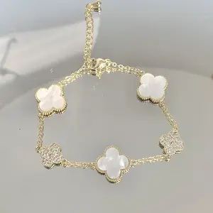 Pulsera de trébol de cuatro hojas de moda simple y elegante, pulsera de flor rosa de lujo, joyería para mujer