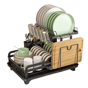 Kitchen Plates Bowls Organization 2 Tier Foldable Metal <b>Dish</b> Drying Rack with Drainboard - Product Image 1