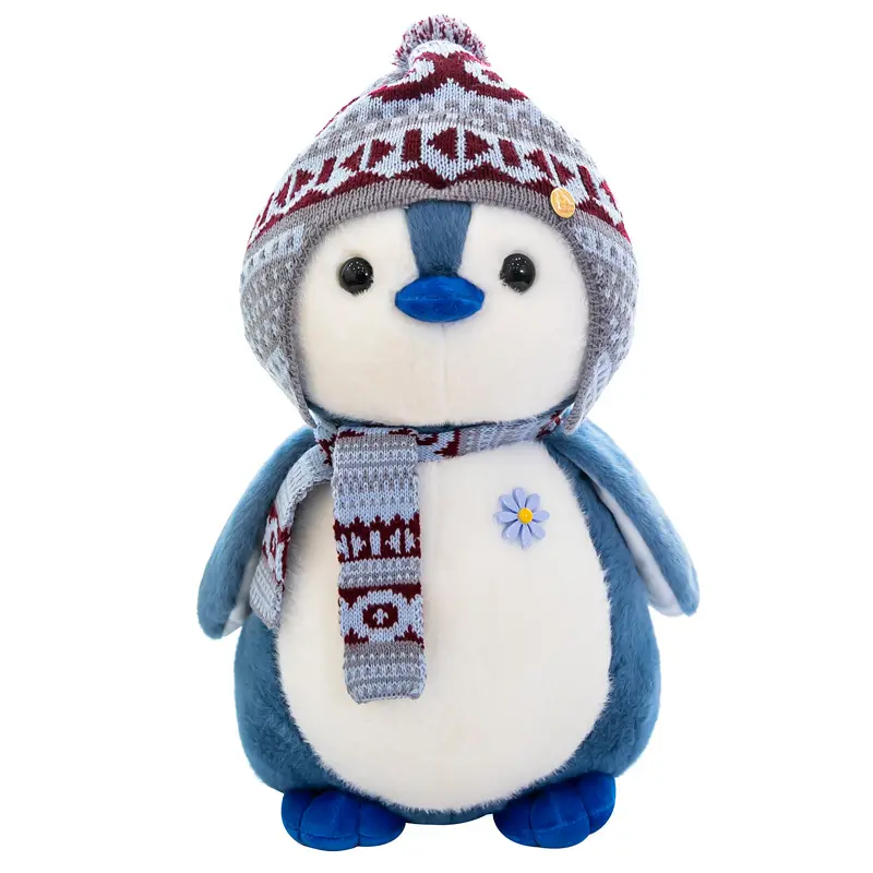 Grosir kustom boneka hewan lucu musim dingin topi Penguin syal lembut boneka mainan mewah hadiah Natal mainan