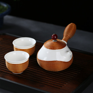 Zhuqige Handmade Bamboo Woven Porcelain <b>Tea</b> <b>Set</b> Teapot With Two Cups Traditional Chinese Style Durable <b>Tea</b> Ware - Product Image 1