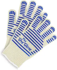 Penjualan paling laris sarung tangan Bbq lima jari tahan panas lapisan katun dengan titik silikon sarung tangan Oven dapur dapat dicuci