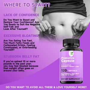 OEM Koop Bulk Hoge Kwaliteit Probiotica Softgel met CLA Complex Ondersteunt Verlichting Opgeblazen Gevoel Vermindert Taille Plat Buikje Softgel - Product Image 4