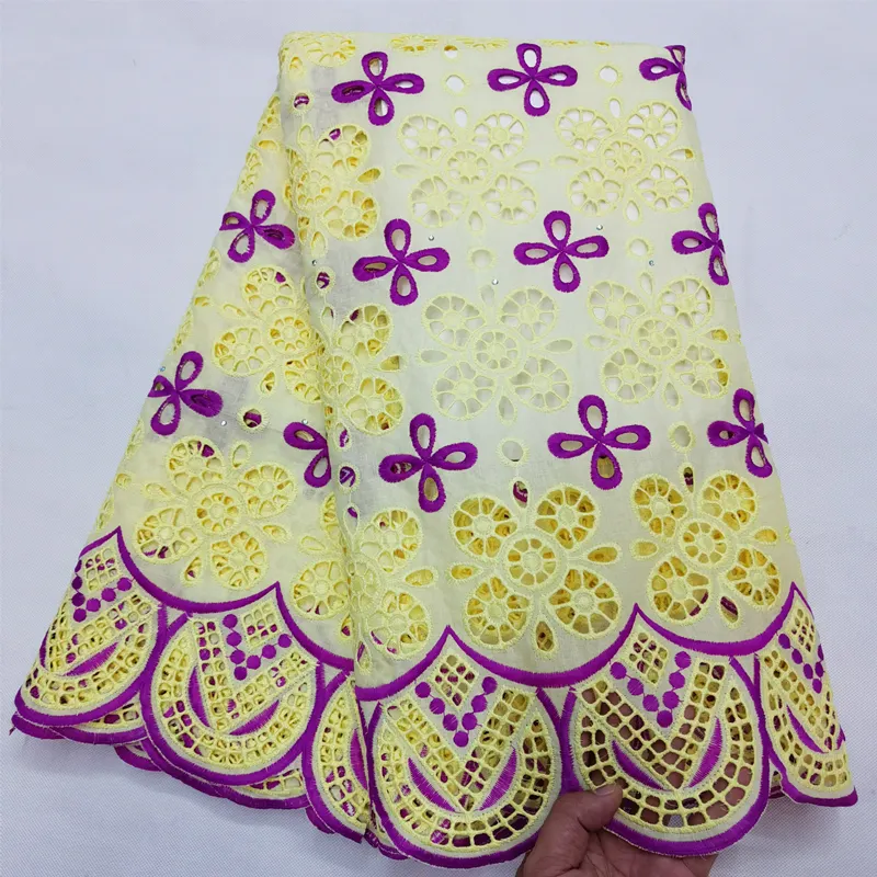 Beautifical hotsale african cotton lace 5yards light yellow cotton lace fabric for dresses ML19R238