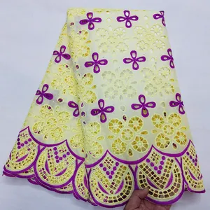 Beautifical, oferta, encaje de algodón africano de 5 yardas, tela de encaje de algodón amarillo claro para vestidos ML19R238
