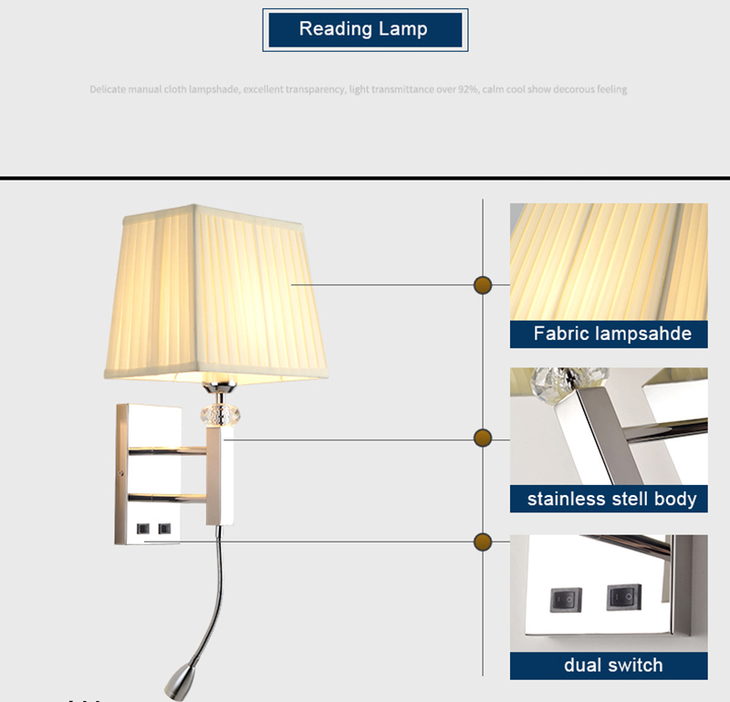 Modern Reading Wall light E27 Indoor Decorative Square Nordic Sconce Lighting Fixtures Hotel Fabric led Wall Lamp