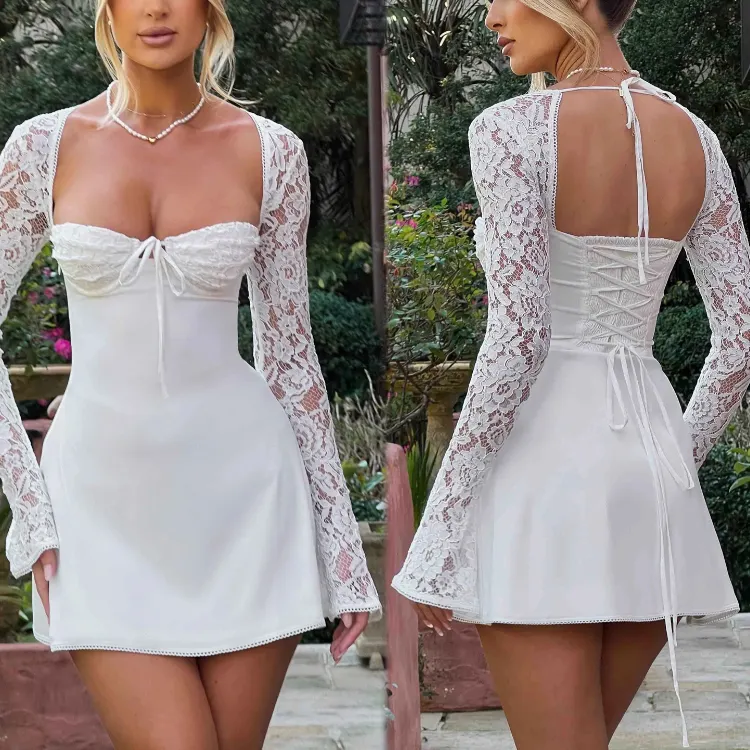 European And American Sexy Elegant Square Collar Lace Long Flared Sleeves Patchwork Backless Mini Dress Birthday Party Dresses