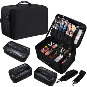 2 Layers Large Cosmetic Storage Bag Professional <b>Makeup</b> Organizer <b>Case</b> with Brush Slot Adjustable Dividers Shoulder Strap 3 Bags - Product Image 1