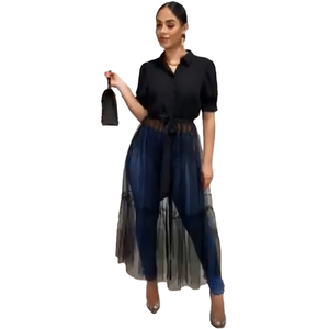 Nouveau Sexy noir Blouse femmes manches chemises été mode demi manches dentelle maille longue volants Blouse hauts - Product Image 4