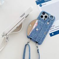 Top pour Iphone Couverture de Téléphone Portable De Luxe Denim Tissu Dragonne Titulaire De La Carte Téléphone Cas avec Lanière