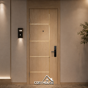 Puerta Interior Moderna de Chapa de Roble con Líneas de Incrustaciones Metálicas y Cerradura Inteligente para Apartamento, Oficina y Villa - Product Image 1