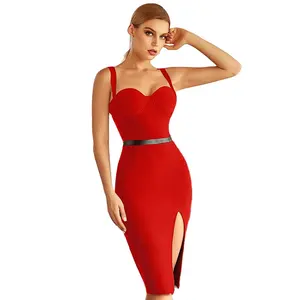 Женское платье на бретелях-спагетти, Красное Облегающее Платье с открытой спиной и разрезом на лето