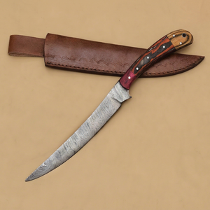 Cuchillo de filetear de acero de Damasco personalizado con hoja de punta caída y borde serrado, mango de madera, funda de cuero, 11 pulgadas de longitud total, 1 hoja - Product Image 1